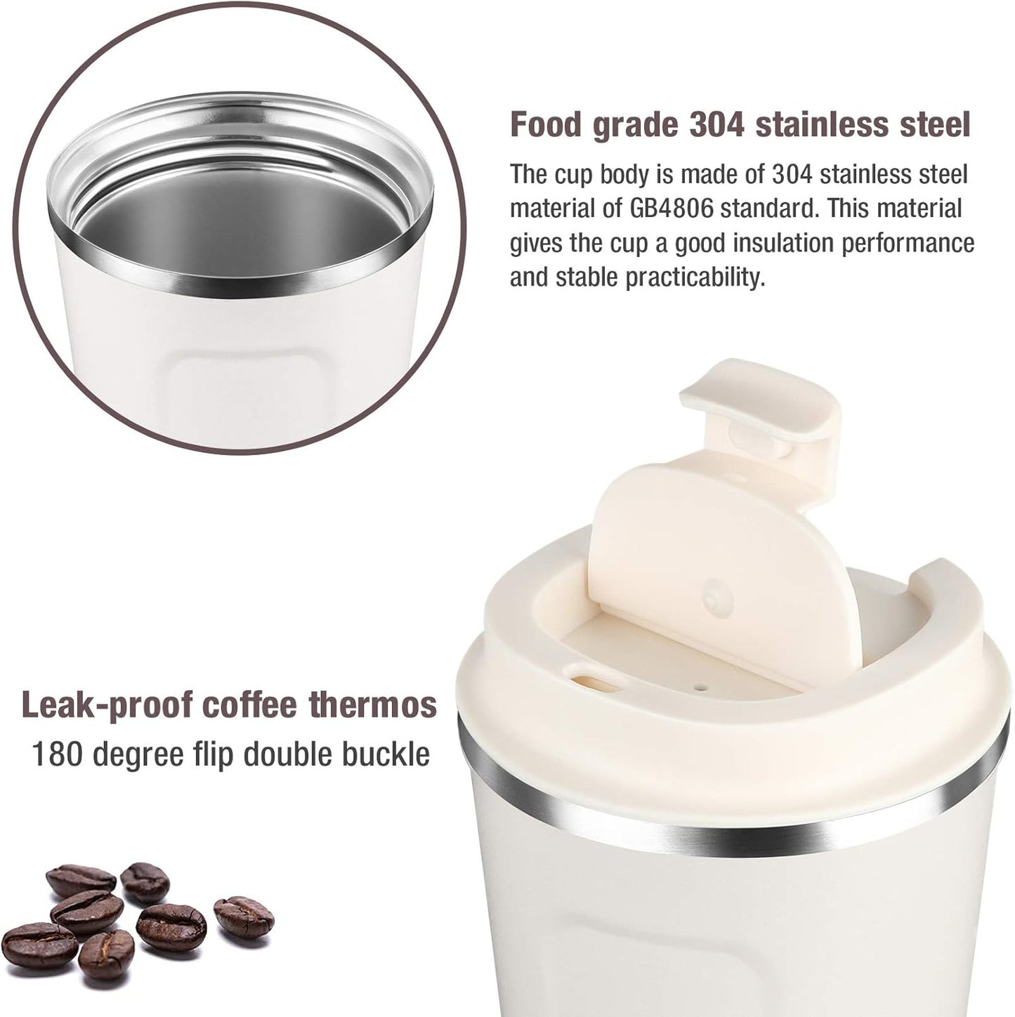 17oz (510ml) Vacuum Insulated Coffee Travel Mug, Leak proof Double Wall Stainless Steel Reusable Cup with Lid, Thermal Tumbler for Hot and Cold Drinks, Matte Texture White