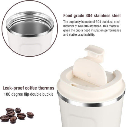 17oz (510ml) Vacuum Insulated Coffee Travel Mug, Leak proof Double Wall Stainless Steel Reusable Cup with Lid, Thermal Tumbler for Hot and Cold Drinks, Matte Texture White
