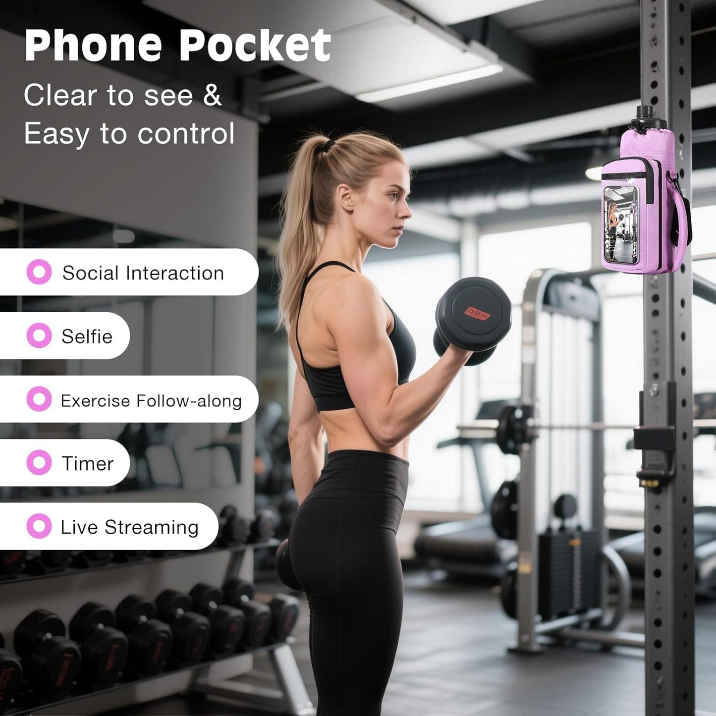MoKo Magnetic Gym Bag, Magnetic Water Bottle Holder with Clear Phone Pouch, Built-in 4 Magnets Fitness Bag for Men and Women Compatible with Most Water Bottles, Gym Accessories Gifts, Black
