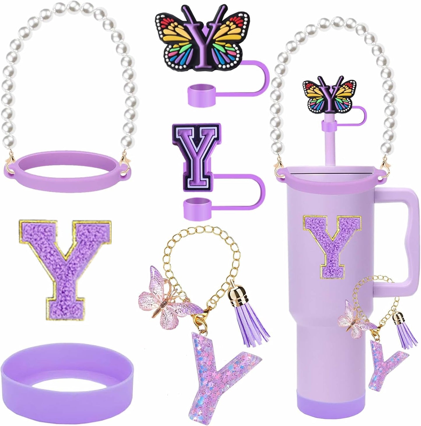 7pcs Cup Accessories for Stanley 30/40oz Tumbler, Handle Strap, Straw Cover, Silicone Boot, Letter Charm Stickers