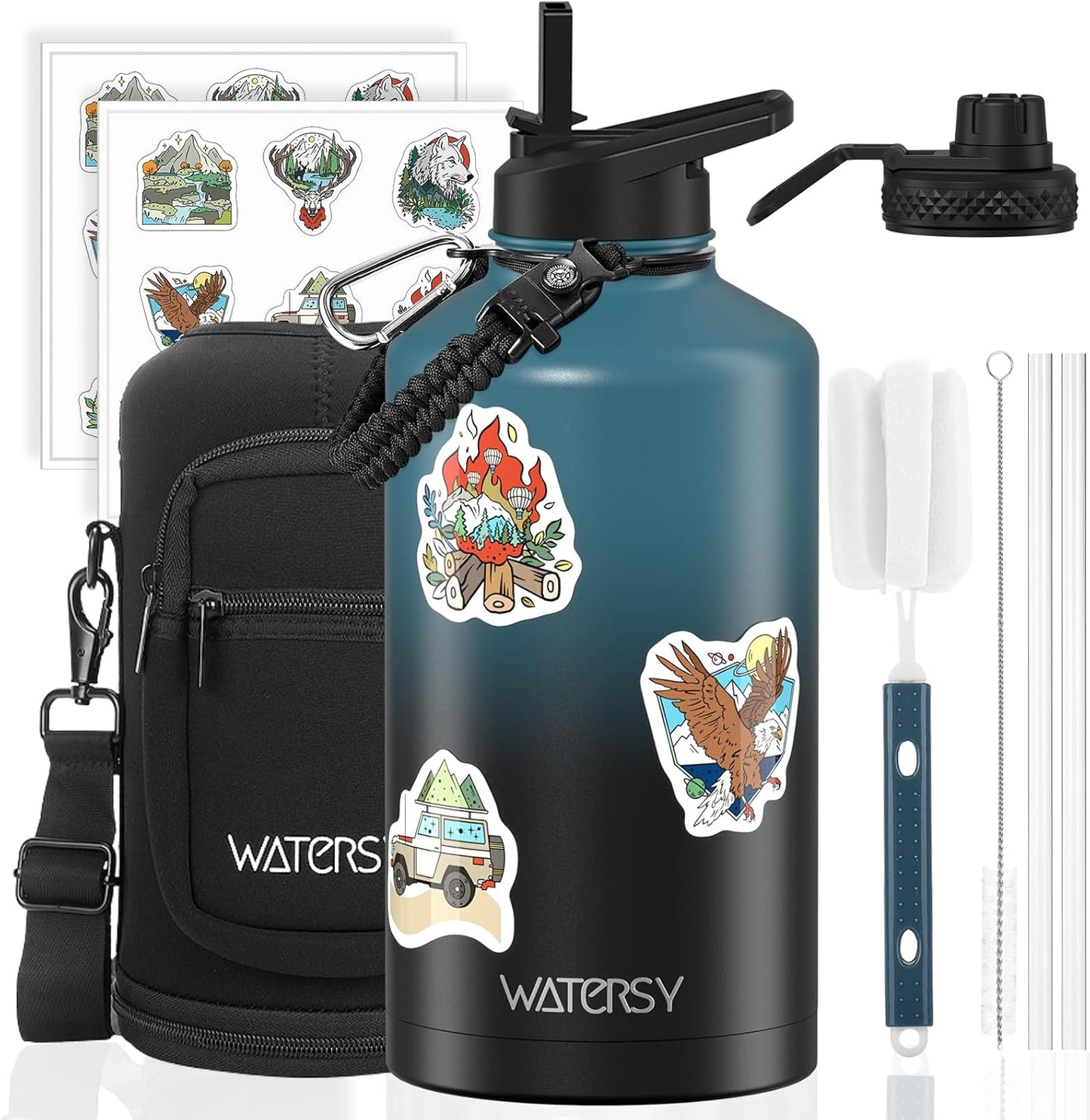 40oz Insulated Water Bottle (Cold for 48 Hrs),BPA Free&Leak Proof,Stainless Steel Water Flask,Water Jug with Straw Spout Lids for Gym,Hiking,Travel,Black Blue