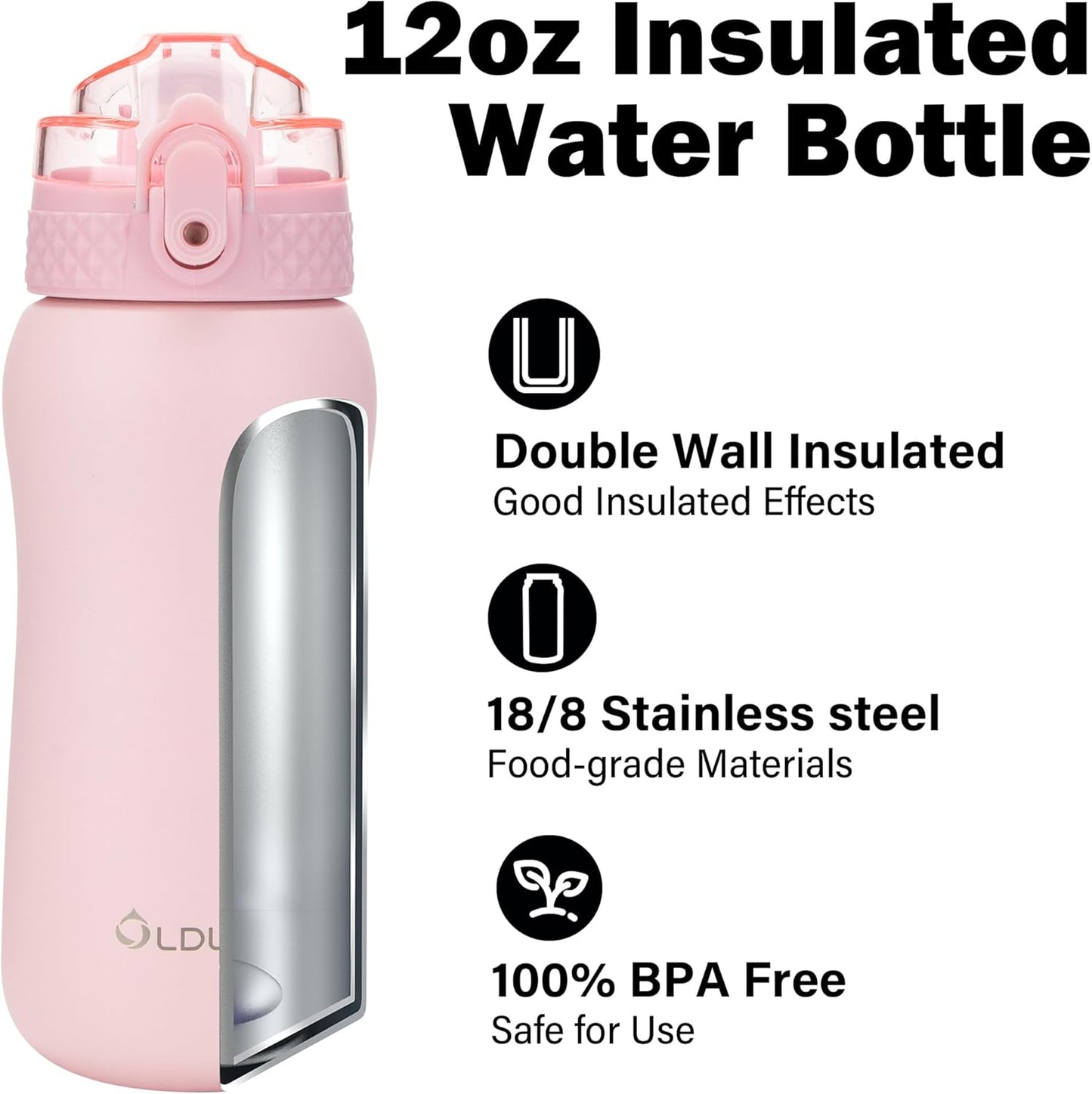 Oldley Insulated Water Bottle 20oz for Adults Kids Stainless Steel Water Bottles with Straw/Chug/Carabiner 3 Lids Fruit Strainer Double Wall Vacuum Wide Mouth BPA Free Leak-Proof for School Travel
