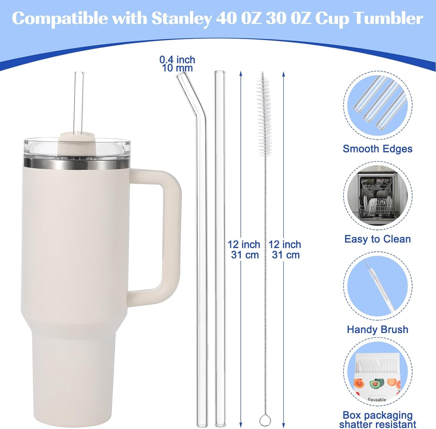 [12 Pcs] Replacement Glass Straws for Stanley - Compatible with Stanley 40 oz 30 oz Cup Tumbler,12" x 10mm Reusable Clear Glass Straw with 2 Cleaning Brush for Cup Accessories