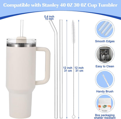 [12 Pcs] Replacement Glass Straws for Stanley - Compatible with Stanley 40 oz 30 oz Cup Tumbler,12" x 10mm Reusable Clear Glass Straw with 2 Cleaning Brush for Cup Accessories