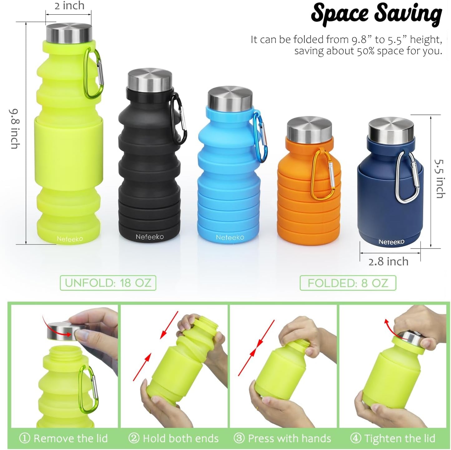 Nefeeko Collapsible Water Bottle, Reuseable BPA Free Silicone Foldable Water Bottles for Travel Gym Camping Hiking, Portable Leak Proof Sports Water Bottle with Carabiner