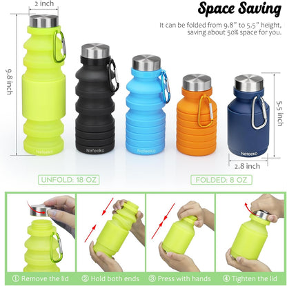 Nefeeko Collapsible Water Bottle, Reuseable BPA Free Silicone Foldable Water Bottles for Travel Gym Camping Hiking, Portable Leak Proof Sports Water Bottle with Carabiner