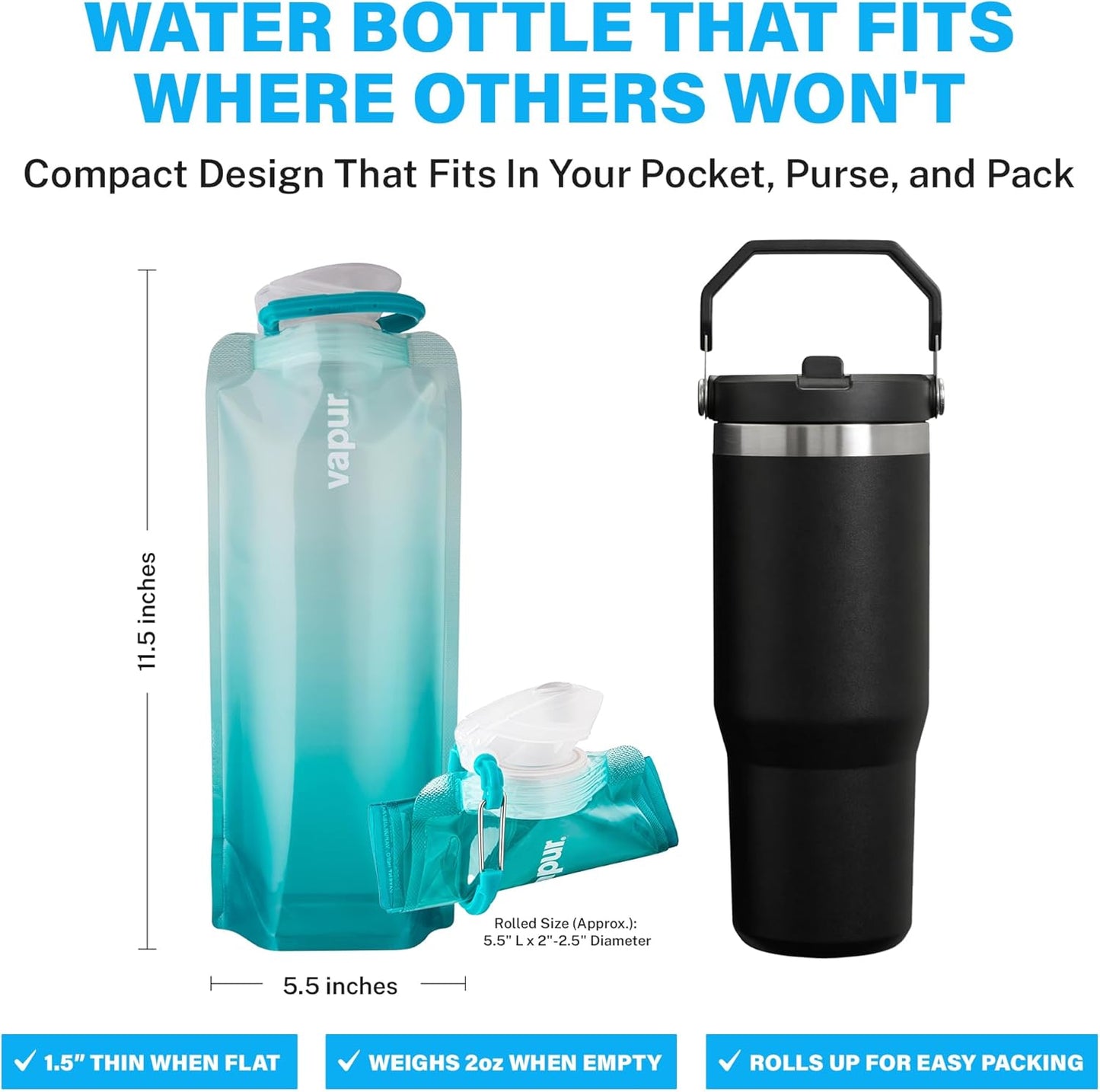 Vapur Collapsible Water Bottle with Carabiner - 34oz (1L), Night Blue - Flexible and Lightweight Water Bottle for Travel, Concert, Hiking, and Outdoor Adventures - BPA-Free, Dishwasher-Safe, Freezable