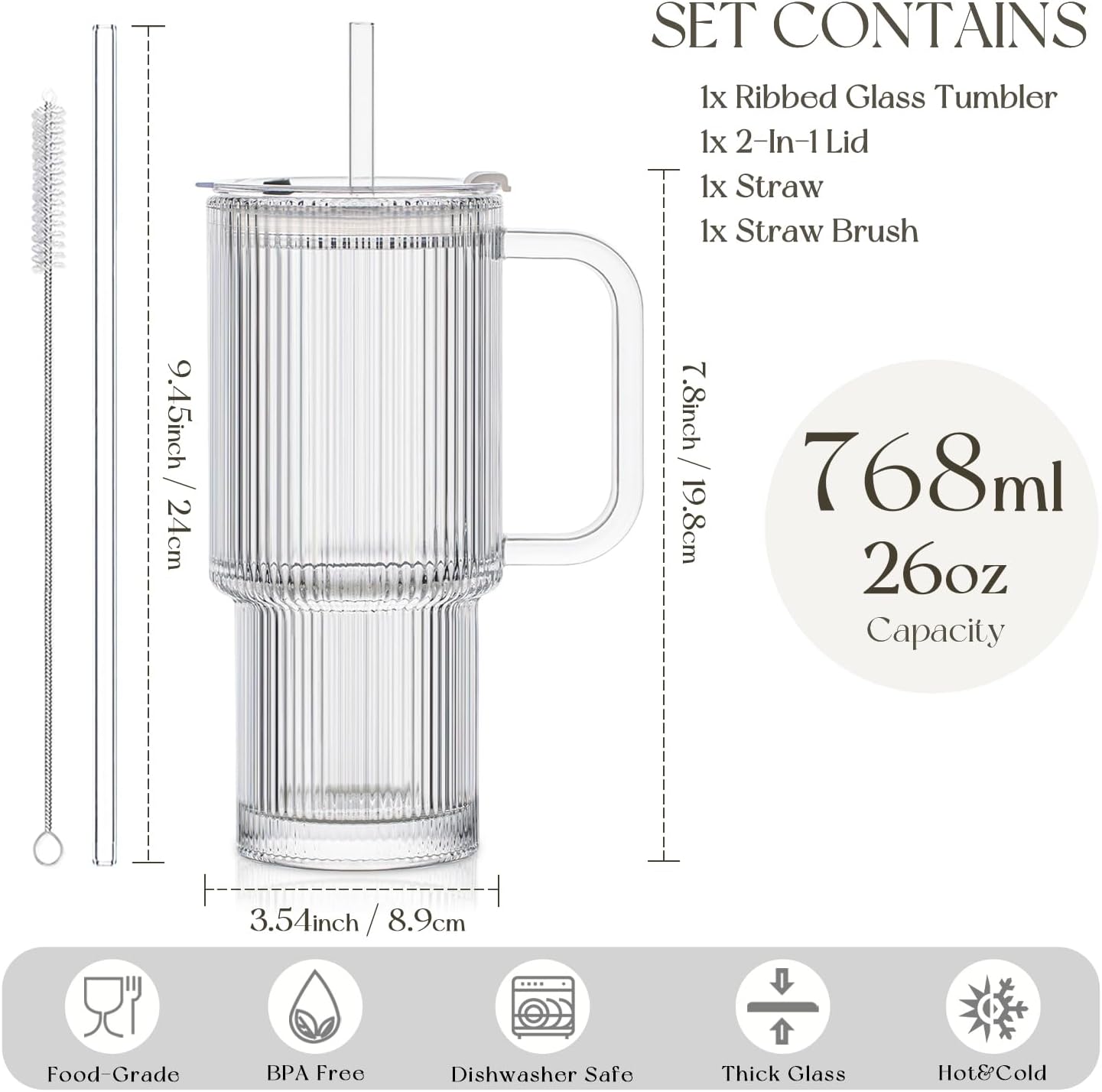 KEMORELA Large 26oz Clear Glass Mug with Handle and Sliding Lid – Aesthetic Ribbed Tumbler for Iced Coffee, Smoothies & Hot Drinks – Reusable Travel Cup with Straw, Dishwasher Safe (Ribbed Tumbler)
