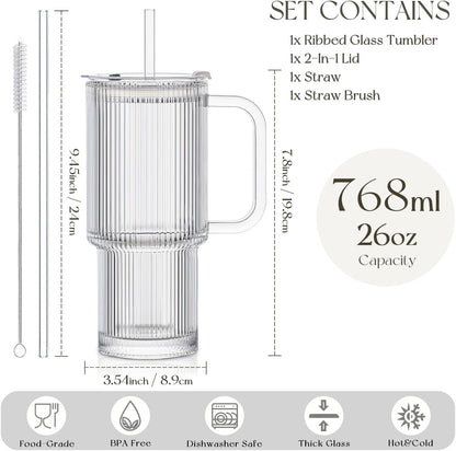 KEMORELA Large 26oz Clear Glass Mug with Handle and Sliding Lid – Aesthetic Ribbed Tumbler for Iced Coffee, Smoothies & Hot Drinks – Reusable Travel Cup with Straw, Dishwasher Safe (Ribbed Tumbler)