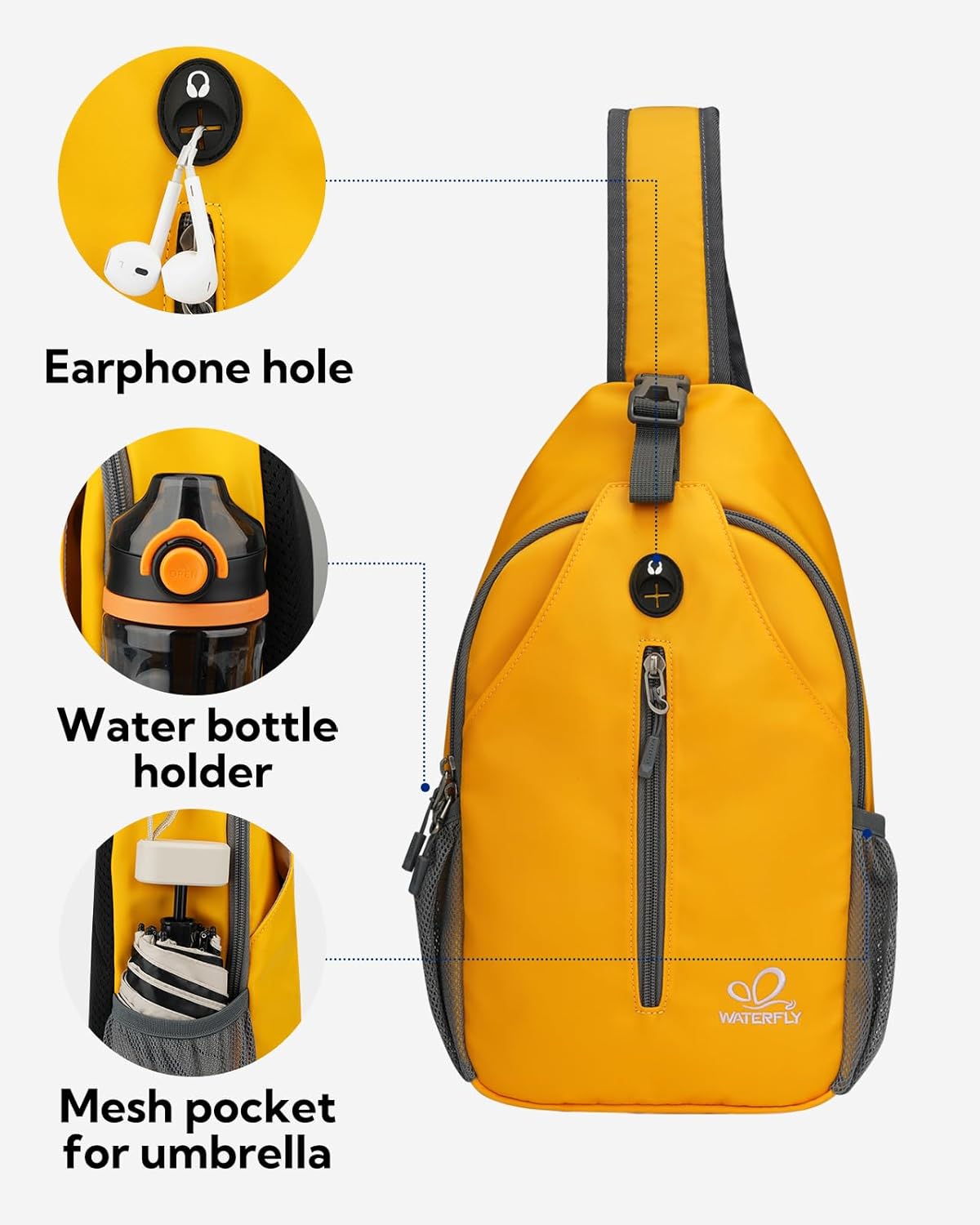 WATERFLY Crossbody Sling Backpack Sling Bag Travel Hiking Chest Bag Daypack (Black)