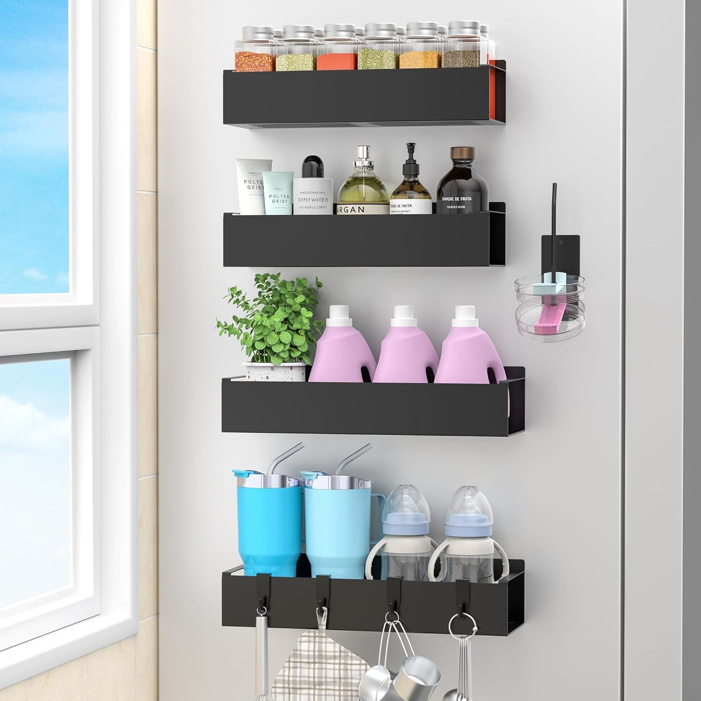 HuggieGems Magnetic Water Bottle Holder for Refrigerator, Cup Holder Organizer for Stanley and Tumbler for Kitchen, 4 Pack, Black