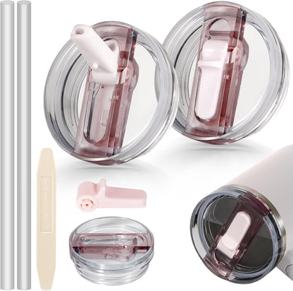 30oz Flip Straw Lid for Stanley Quencher H2.0 Tumbler, 2 Pack Leak Proof Lid Replacement No Spill Cover for Stanley Cup Accessories ProTour (Rose Quartz,Rose Quartz) - Colors A
