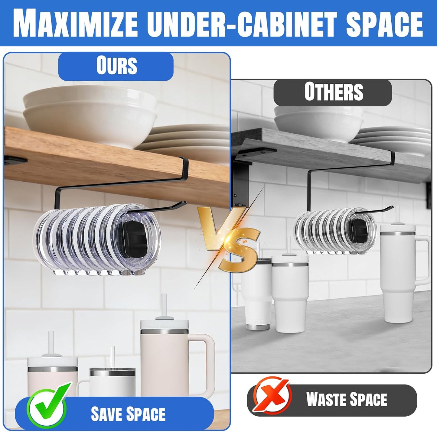 2 Pack Tumbler Lid Organizer, Versatile Cup & Water Bottle Lid Holder, Upgraded Kitchen Space Saver & Under Cabinet Storage, No Adhesive or Drilling Needed, Multi-Use Tumbler Lid Holder, Black
