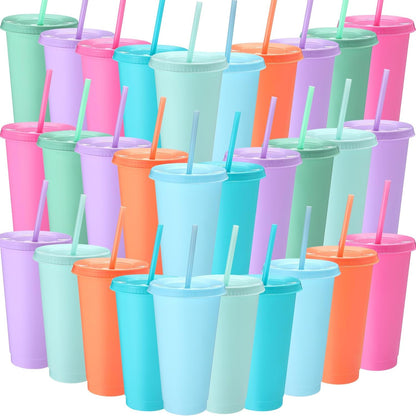 Honeydak 15 Pack Tumbler with Straw and Lid Bulk Cups for Gifts Water Bottle Iced Coffee Travel Mug Cup Reusable Plastic Tumblers for Party Birthdays 24-27 oz (Solid Color)