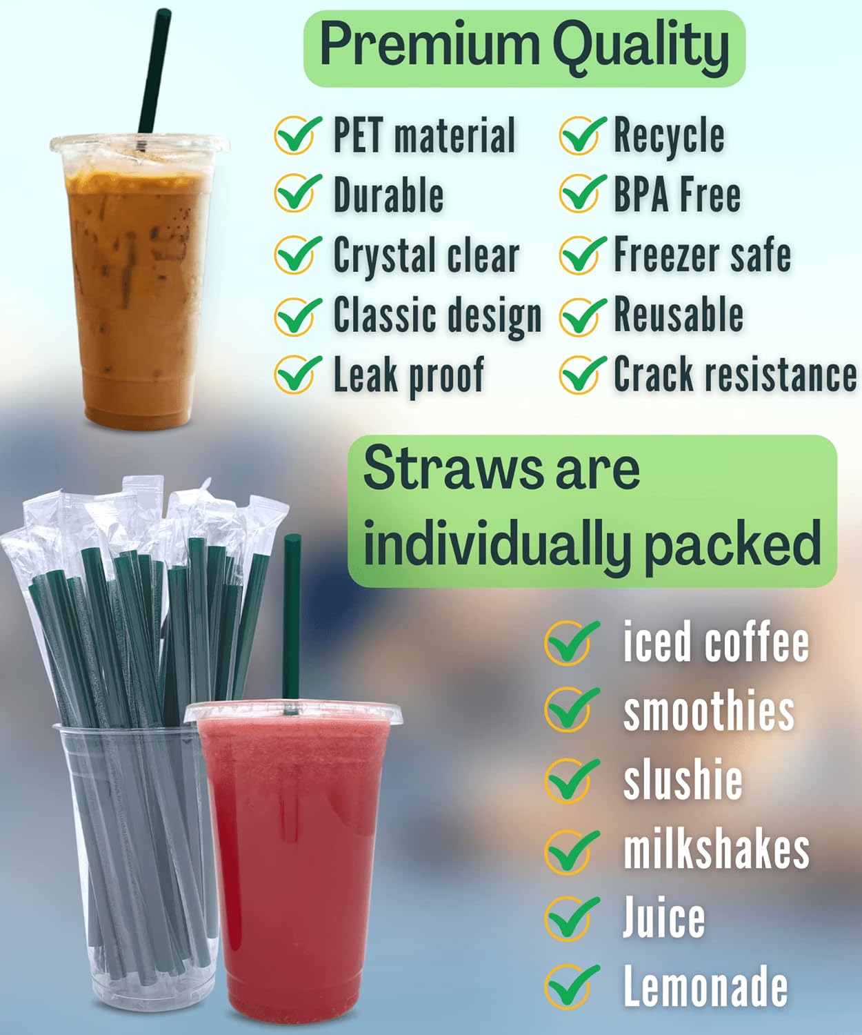 Cappatua 20 oz Clear Plastic Cups with Lids and STRAWS, Disposable Drinking Cups for Cold Drinks, Iced Coffee, Milkshakes, Smoothies, 25 Sets