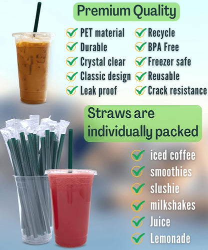 Cappatua 20 oz Clear Plastic Cups with Lids and STRAWS, Disposable Drinking Cups for Cold Drinks, Iced Coffee, Milkshakes, Smoothies, 25 Sets