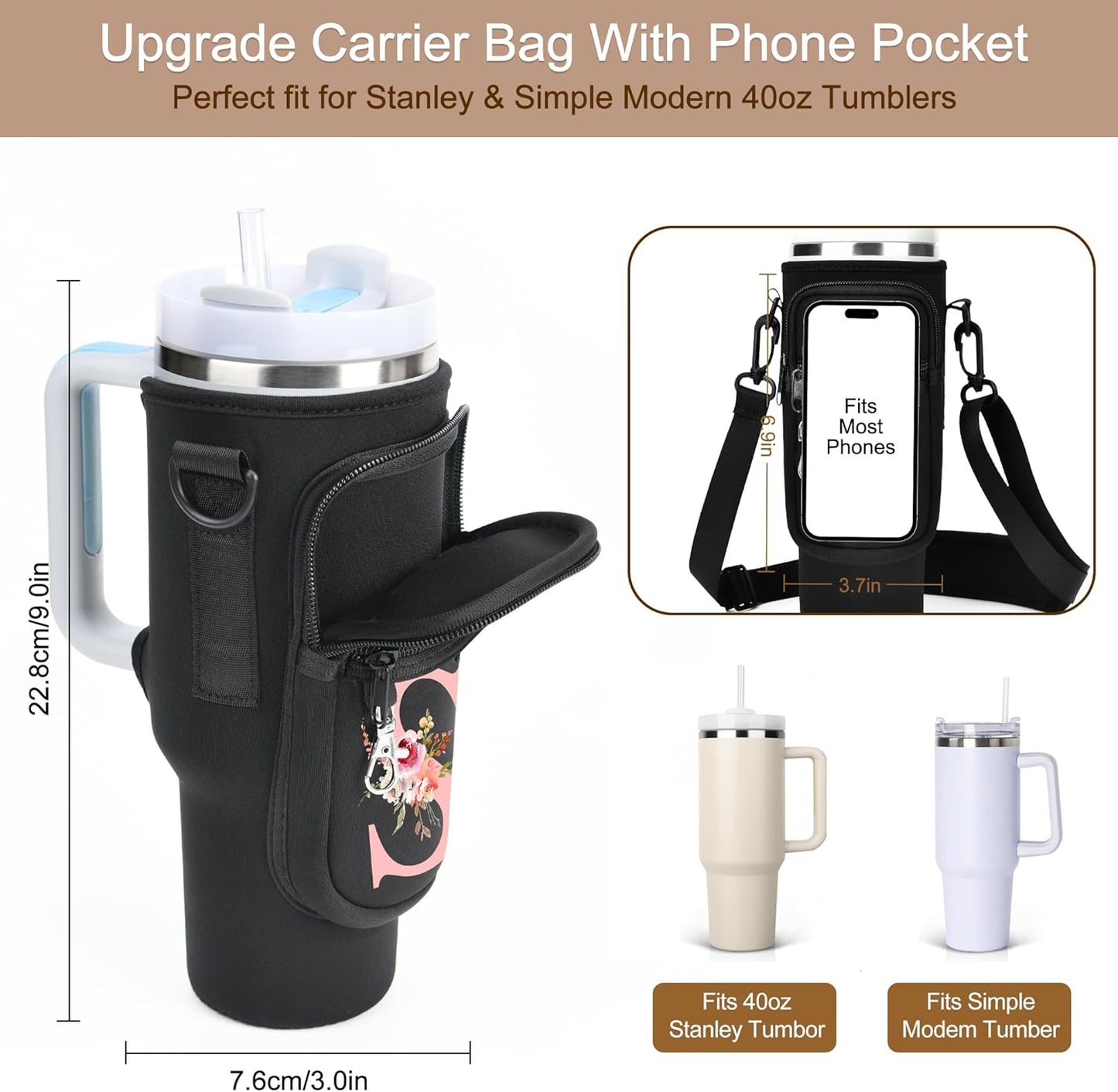 Initial Water Bottle Holder with Strap for Stanley Cup Accessories 40 oz/Simple Modern Tumbler, Birthdays for Women Girls, Water Bottle Carrier Bag with Phone Pocket,Hiking Walking Gym Camping