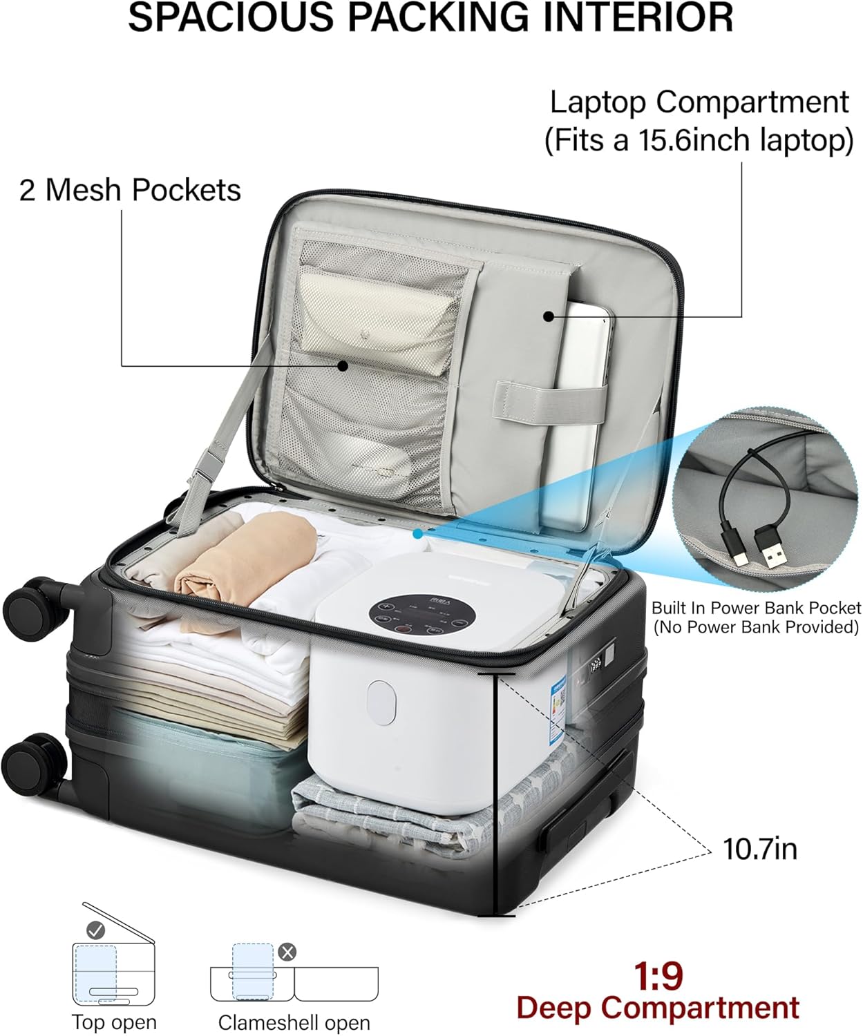 Hanke 20 Inch Expandable Carry On Luggage with Cup Holder 22x14x9 Airline Approved, Top Opening Hard Shell Suitcases with Wheels, Carry-On Travel Suitcase Trunk Luggage with Lock, Smoke White