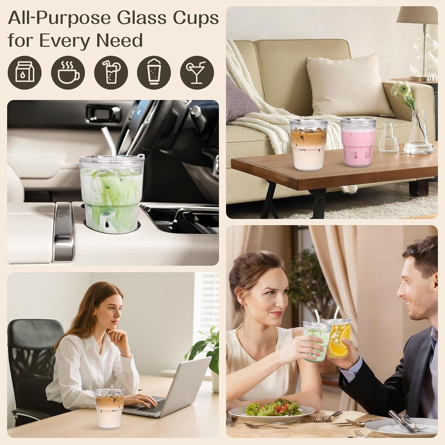 13oz Iced Coffee Cups,2Pcs Glass Cups with Lids and Straws Drinking Glasses,Clear Ribbed Glassware,Reusable Tumbler Glass to Go Cup for Matcha, Iced Tea,Juice
