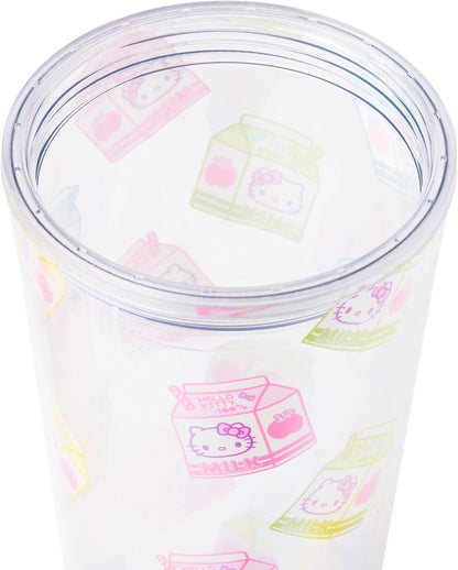 Silver Buffalo Sanrio Hello Kitty Milk Carton Pattern Plastic Boba Tumbler w Lid and Wide Straw, 24 Ounces