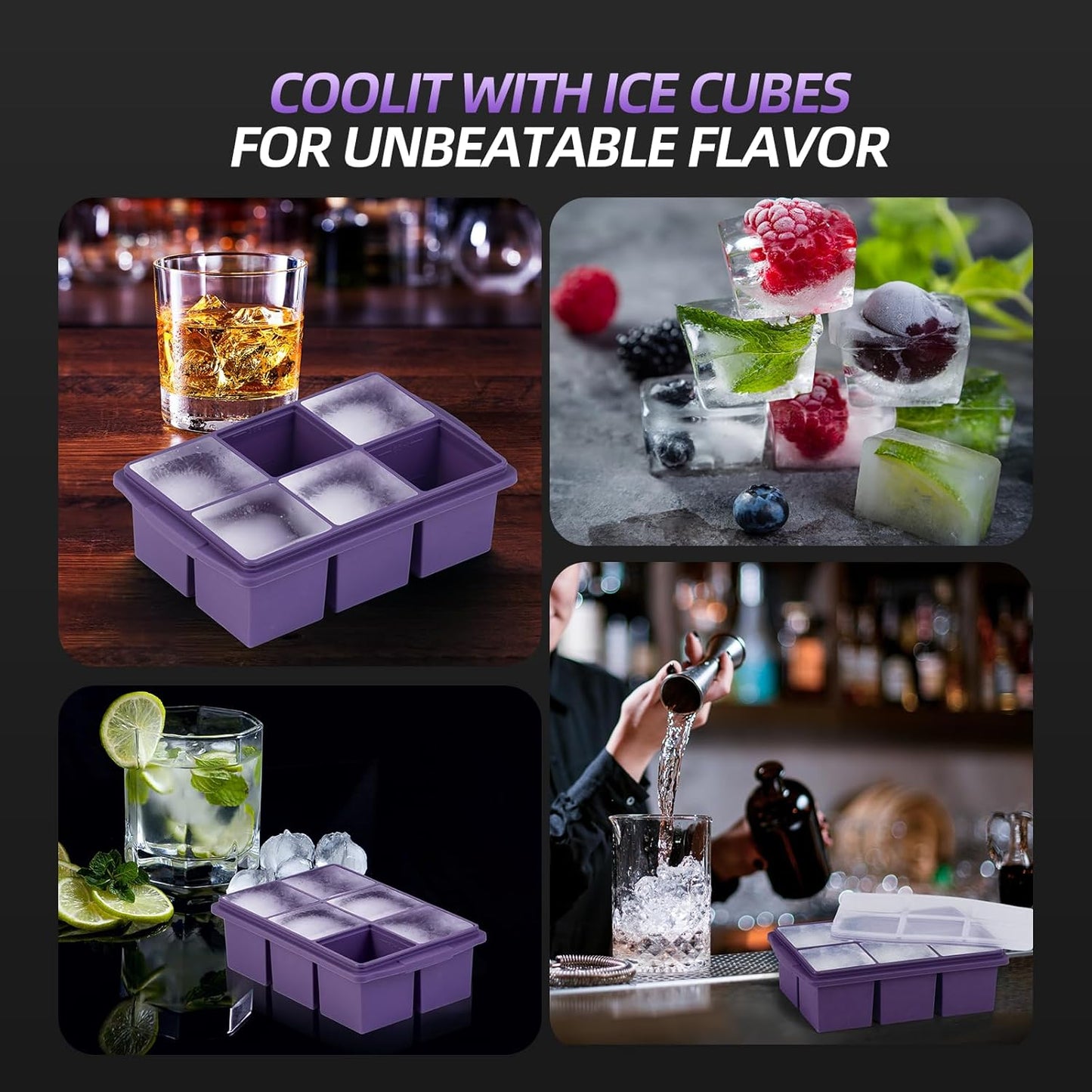 Large Ice Cube Trays for Whiskey (2 Pack) - Silicone Ice Cube Molds with Steel Frame Reinforcement & Lid, 2-Inch Square Ice Cubes for Whisky, Cocktails, Coffee, Tea - Easy Release
