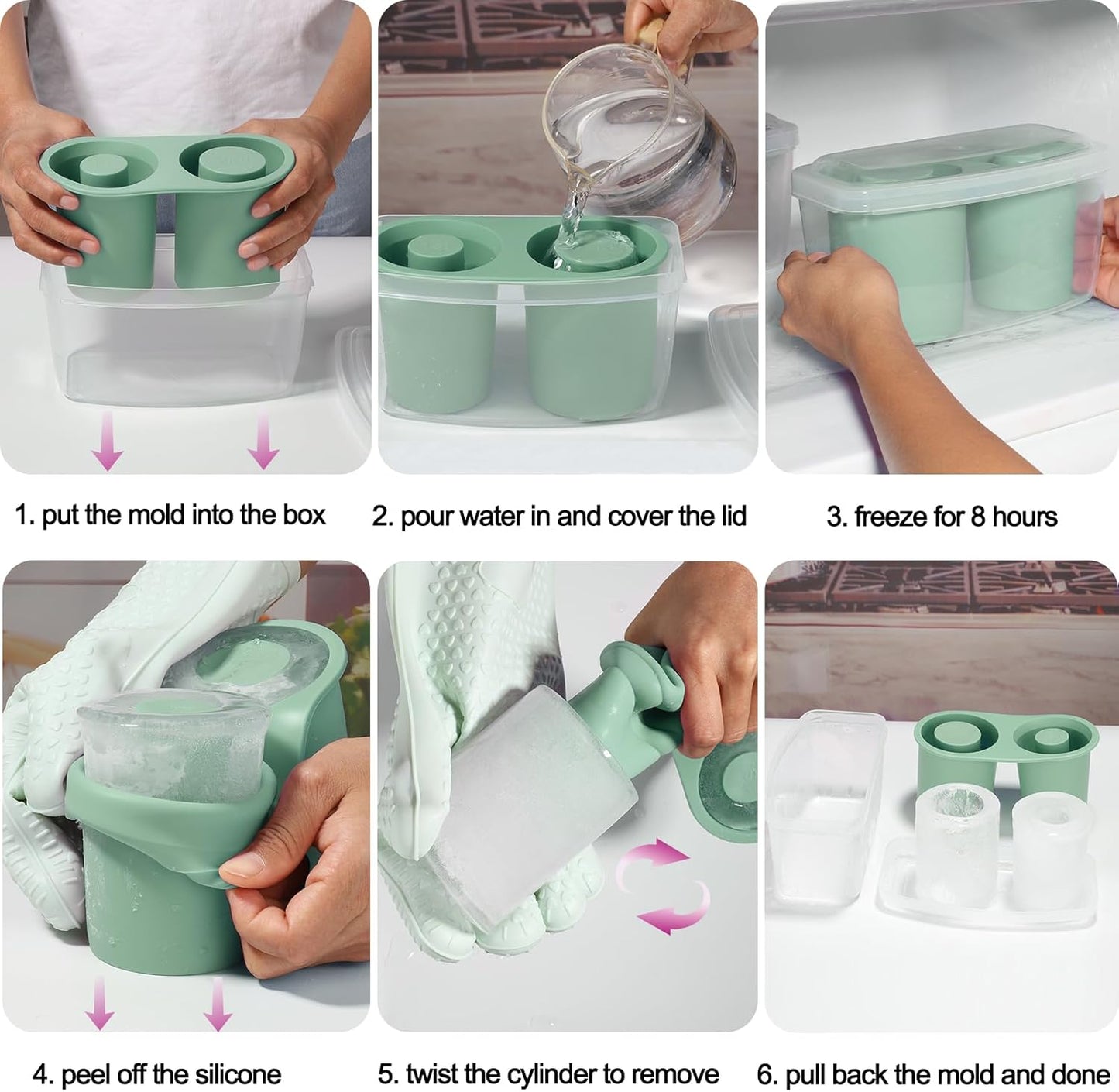 Ice Mold for Stanley Cup, Silicone Ice Cube Tray for Stanley Cup 30oz-40oz, Tumbler Ice Mold with Lid and Bin, Easy Release Cylinder Ice Cube Mold, 1 Pack, Eucalyptus