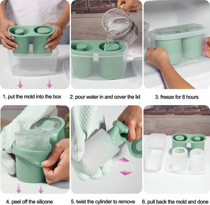 Ice Mold for Stanley Cup, Silicone Ice Cube Tray for Stanley Cup 30oz-40oz, Tumbler Ice Mold with Lid and Bin, Easy Release Cylinder Ice Cube Mold, 1 Pack, Eucalyptus