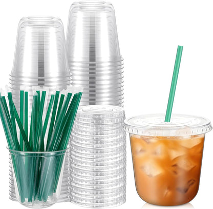 Baderke 25 Set Plastic Cups with Lids and Straws, Disposable Plastic Iced Coffee Cup for Cold Beverage Juice Smoothie Crystal for Coffee Shops Party Catering(Clear,16 oz)