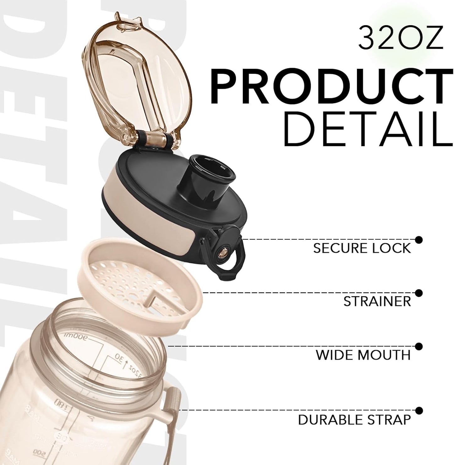 32oz Water Bottle with Time Marker, Motivational Drinking Bottle with Strap, BPA-Free Leak-Proof, Encouraging Water Bottle Time to Drink Water for Gym School Office Travel