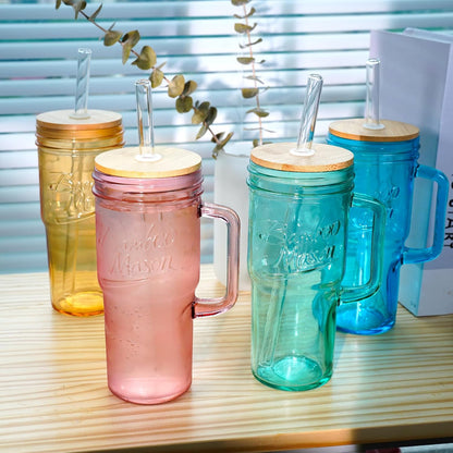 ANOTION Bamboo Mason Leakproof Mason Jar Cups with Lids and Straws, Cap Cup 24oz Glass Tumbler with Handle, Rotating Lid Silicone Straw, Reusable Iced Coffee Matcha Cup Coffee Gifts for Women 2pc