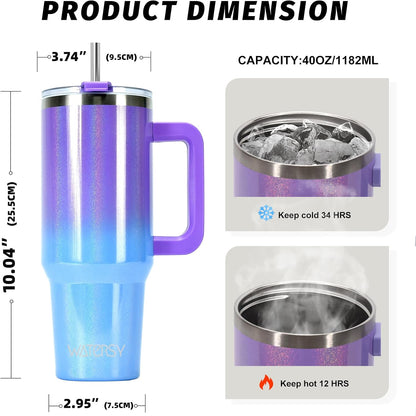 40 oz Tumbler with Handle,Tumbler with Lid and Straw,Double Wall Insulated Cup Stainless Steel Travel Mug(Cold for 34 Hours),Water Bottle for Iced Tea,Coffee,Cold Beverages(Purple)