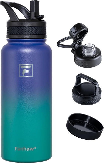 Fanhaw 40 oz Insulated Water Bottle – Stainless Steel Flask with 3 Lids (Straw, Spout, Carabiner) | Durable, Leakproof, for Hiking, Camping, Outdoor Adventures & Travel (Green Blue)