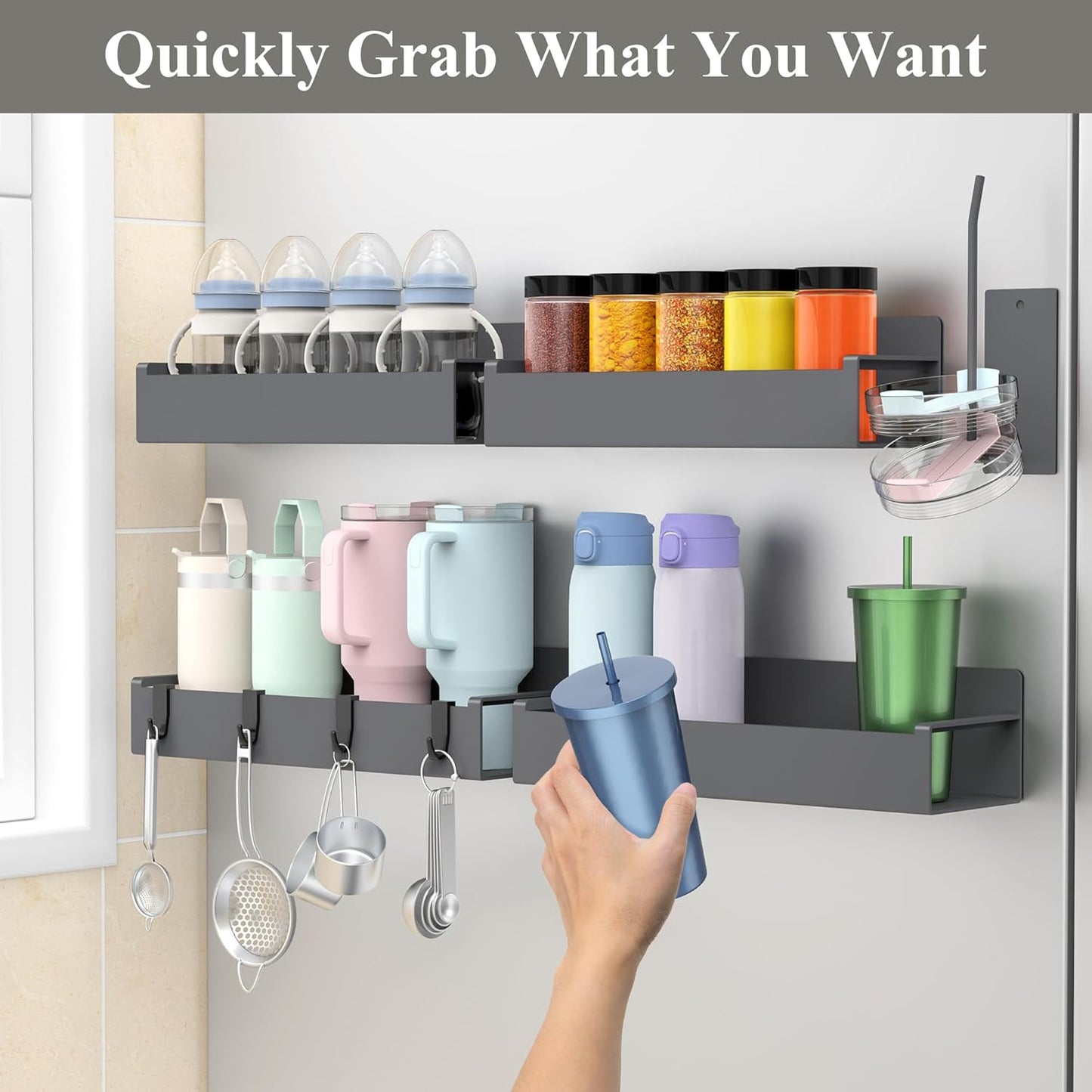 HuggieGems Magnetic Water Bottle Holder for Refrigerator, Cup Holder Organizer for Stanley and Tumbler for Kitchen, 4 Pack, Black