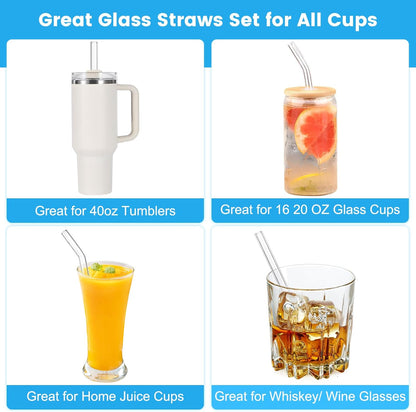 [22 Pcs] Reusable Glass Straws Shatter Resistant - Size 12"x8mm,9"x8mm,6"x8mm Including 9 Straight and 9 Bent Clear Glass Straws with 4 Cleaning Brush for 20 30 40 oz Tumblers,Cocktail,Coffee,Juice