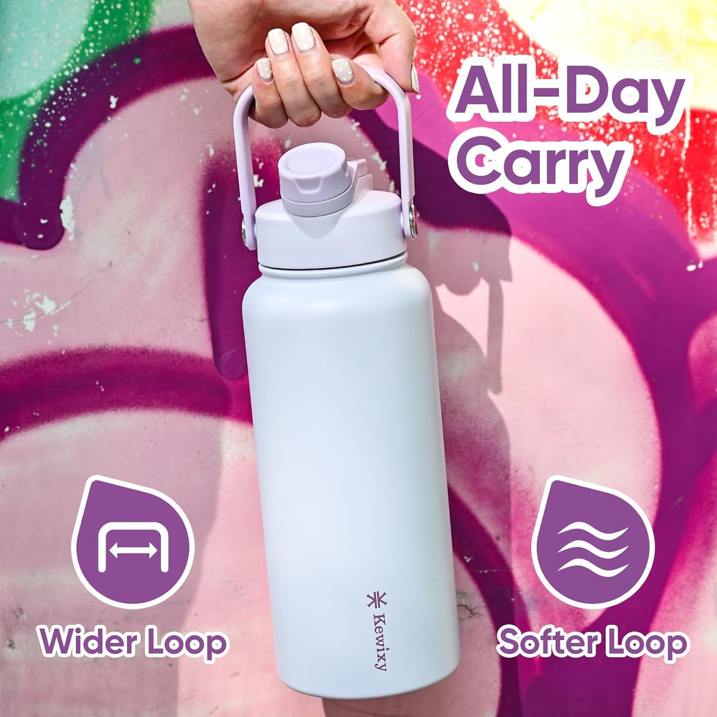 KEWIXY 32 oz Insulated Water Bottle, 2-in-1 Lid, Straw & Spout with Protected, Leak Proof, Keep Cold, Stainless Steel, Metal, Reusable, Handle, for Outdoor, Gym and School, 2 Lids, Blush Pink