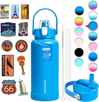 Insulated Water Bottle with Lid & Boot & Stickers, 24 oz Stainless Steel Sweat Free Bottle Keep Cold 24H, BPA-Free Sports Wide Mouth Water Bottle, BlueBlack
