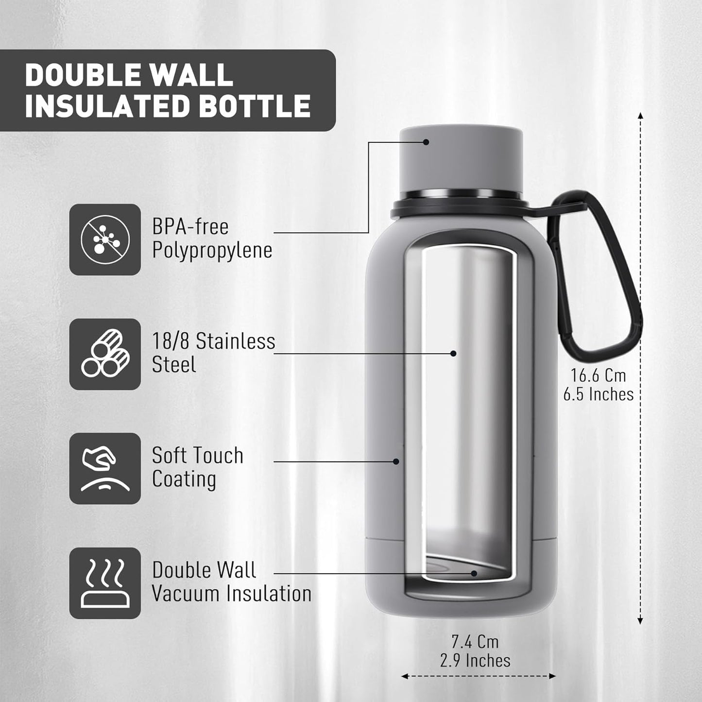 Exllena Slim Insulated Water Bottles for Travel 18oz with Clip, Double Wall Vacuum Stainless Steel Water Bottle Keeps Drinks Cold 24 Hrs/Hot 12 Hrs, 100% Leakproof, BPA Free(Black)