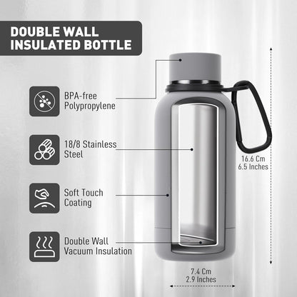 Exllena Slim Insulated Water Bottles for Travel 18oz with Clip, Double Wall Vacuum Stainless Steel Water Bottle Keeps Drinks Cold 24 Hrs/Hot 12 Hrs, 100% Leakproof, BPA Free(Black)