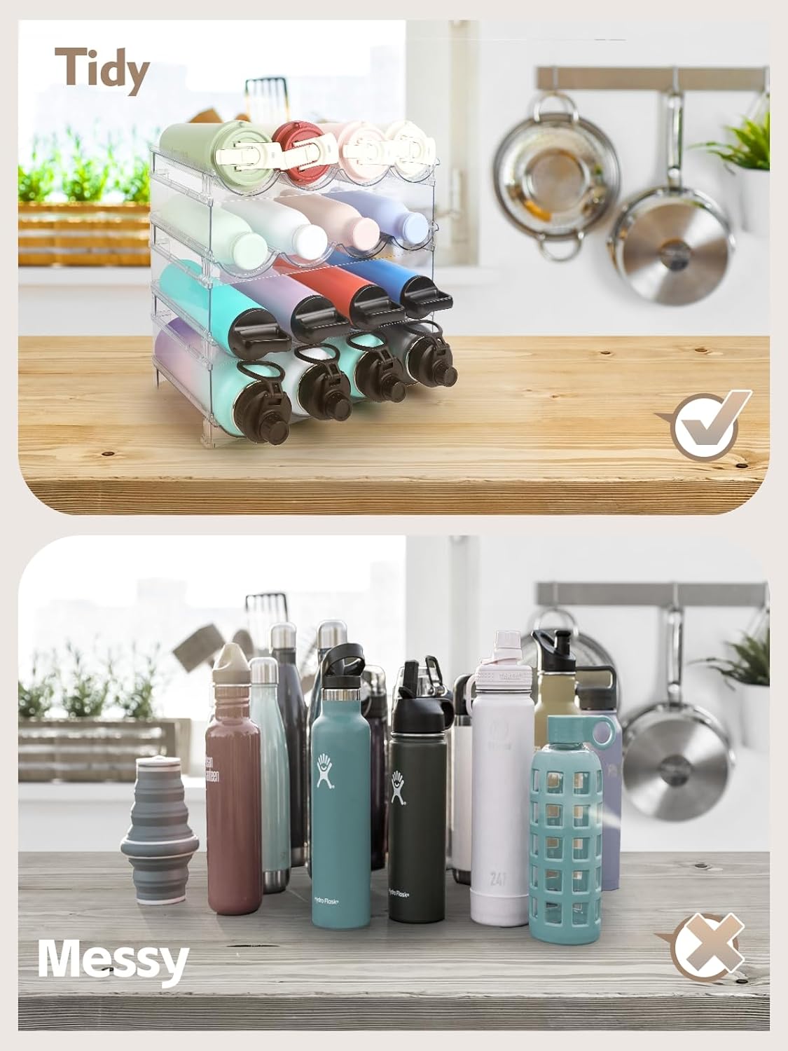 Stackable Water Bottle Organizer, 4-Tier Clear Large Compartment Holder with Stable One-Piece Side-Panel Design, Prevents Tipping & Rolling for Cabinet & Kitchen Storage, Holds 16 Bottles
