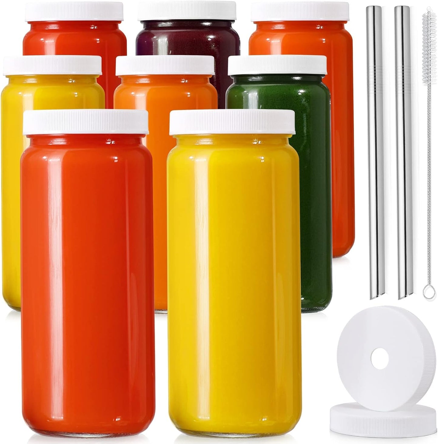 8 Pack 16OZ Glass Juice Bottles with 8 Airtight Lids & 2 Straw Lids & 2 Straws - Freezable Juice Container, Travel Juicing Jars, Drinking Water Cups - Reusable Tall Mason Jar for Tea, Juice, Smoothies