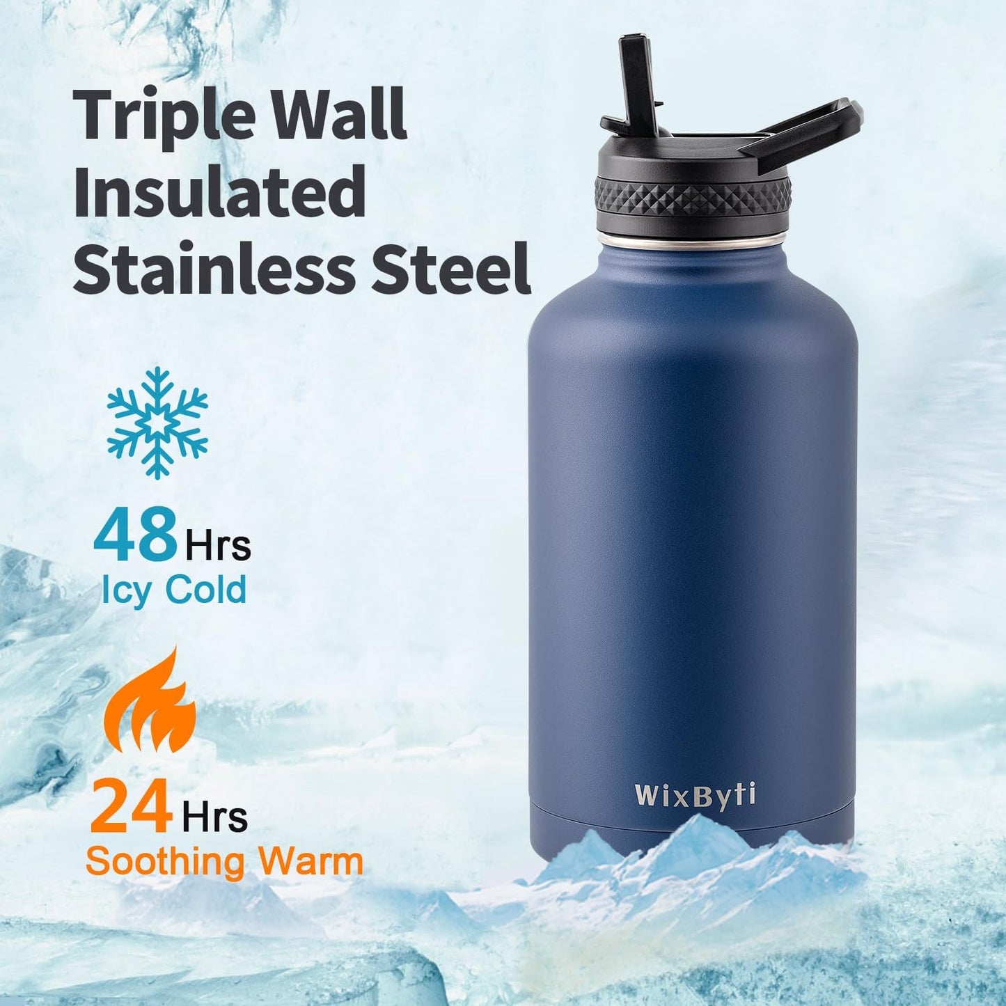 WixByti 40 oz Insulated Water Bottle with Straw (Cold for 36 Hrs), Stainless Steel Triple Wall Vacuum Sports Water Jug, Leakproof Hydro Cup Flask with Paracord Handle & Straw Spout Lids & DIY Stickers