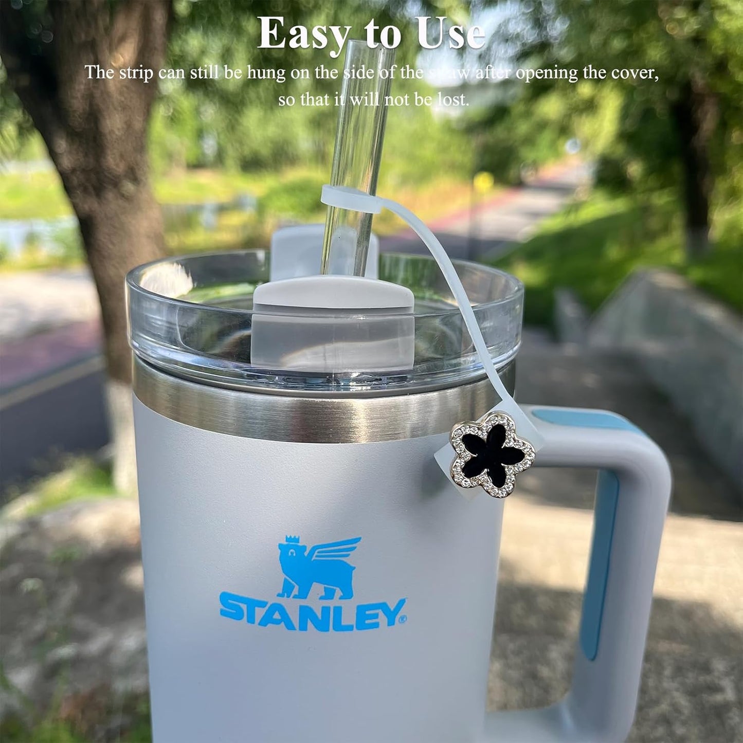 Bling Diamond Straw Cover for Stanley Cup Accessories - Silicone Straw Toppers with Silver Rhinestone fit 9-12mm Straws