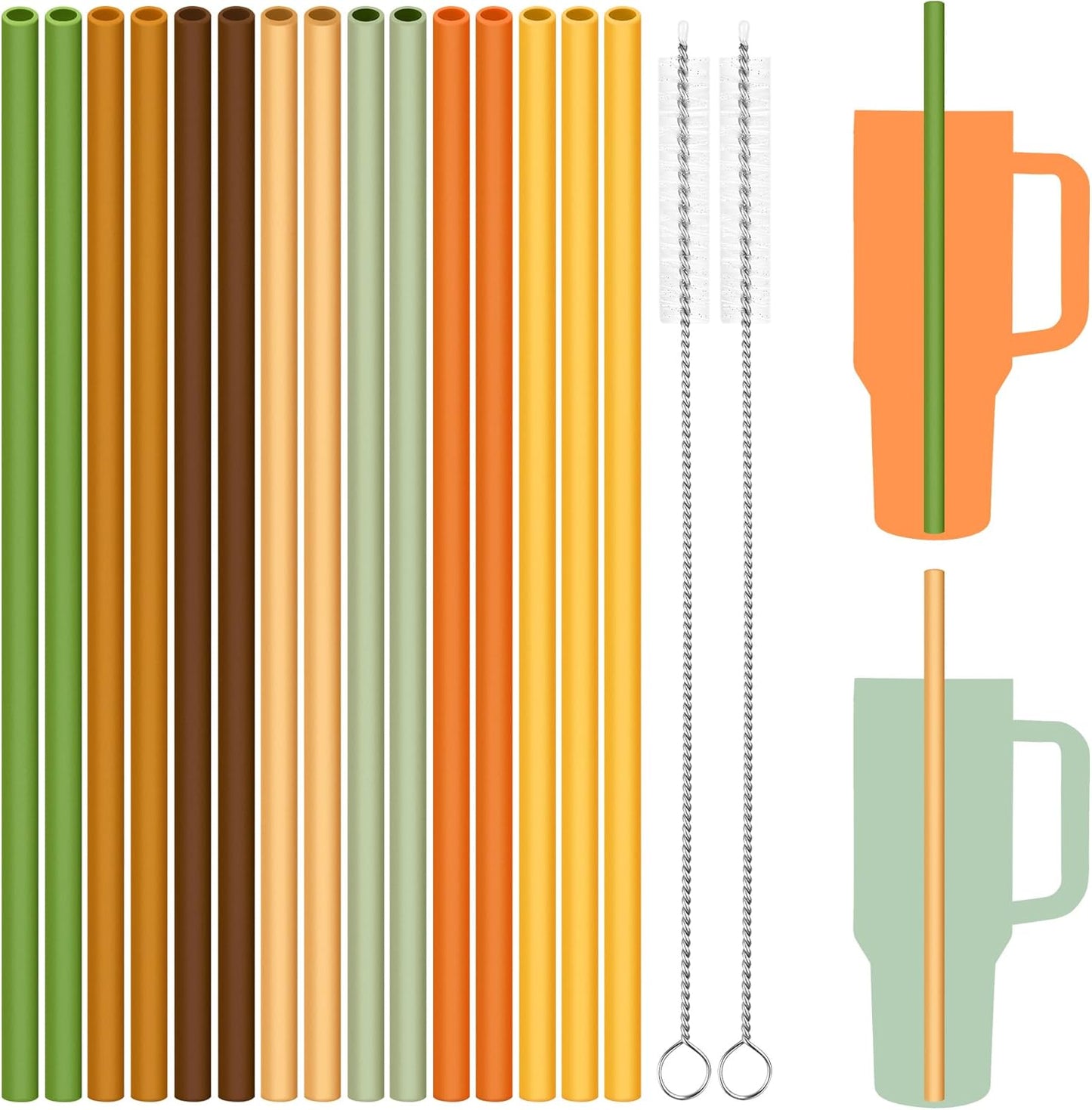 Tomorotec 15PCS Reusable Silicone Drinking Straws w/ 2 Brushes, Fit for Stanley Tumbler 40oz 30oz 20oz, 12" Long Customizable for Various Drinkware, Dishwasher Safe, BPA-Free, Safe for Teeth (Macaron)