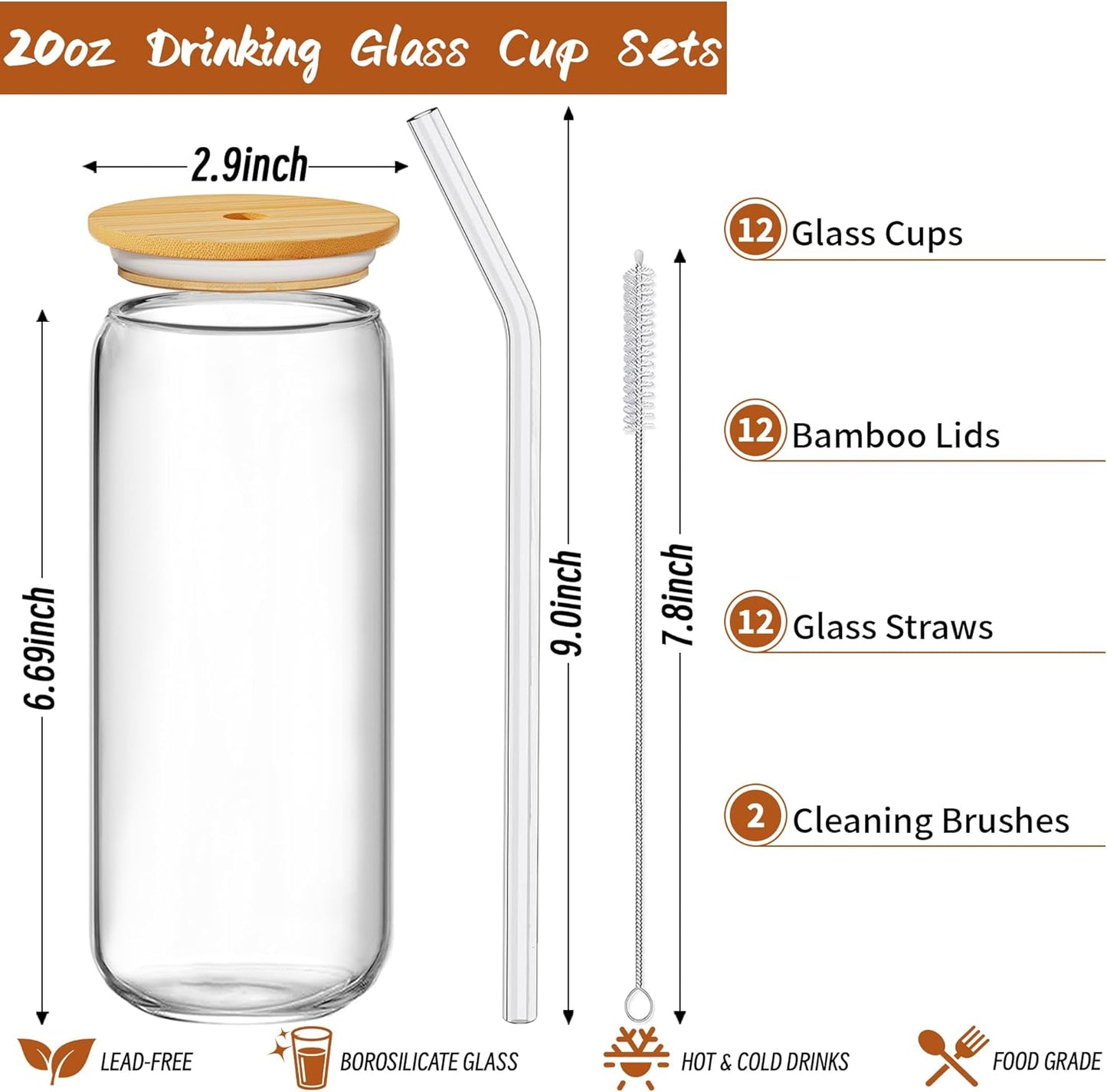 12 Pcs Glass Cups with Bamboo Lids and Straws - 16oz Glass Tumbler, Iced Coffee Cup, Can Shaped Drinking Glasses for Coffee, Tea, Smoothie, Juice, Cocktail Include 2 Cleaning Brushes