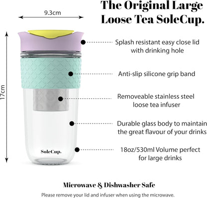 Travel Mug Loose Tea Infuser - Detachable Tea Strainer with Spillproof Lid - BPA-Free Reusable Glass Travel Coffee Cup with Silicone Band (Ice Cream, 12oz)