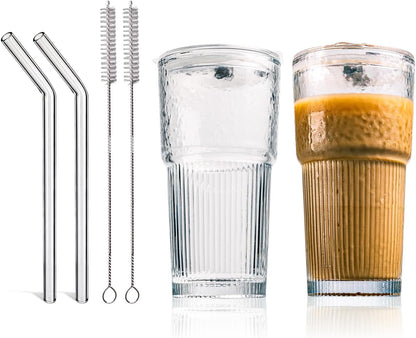 SUROQUE 20oz Ribbed Glass Tumblers with Lids & Straws, Ideal for Iced Coffee, Cocktails & More - Includes Cleaning Brush