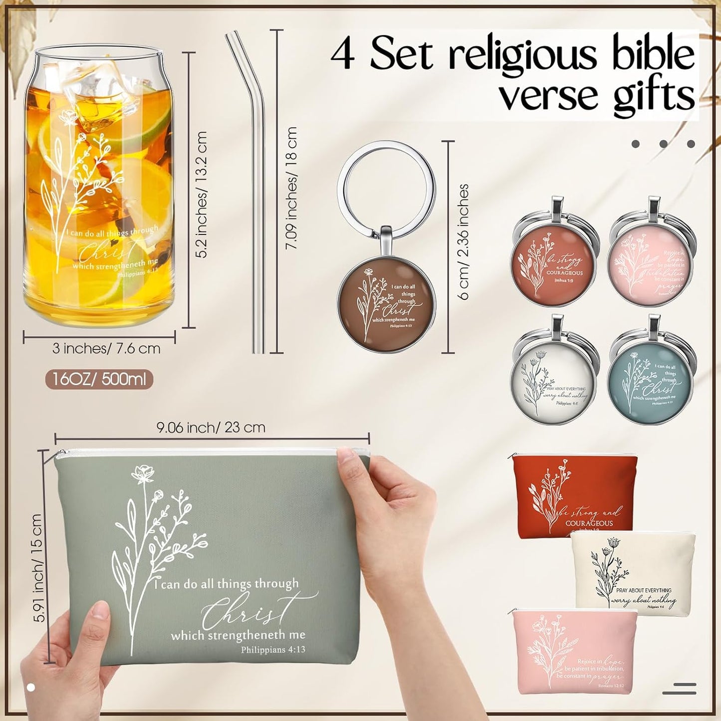 Fumete 4 Sets Christian Gifts for Women Church Gifts Set 16oz Bible Verse Glass Cup Religious Makeup Cosmetic Bags Prayer Tumbler Keychain for Study Group Sunday School God Teacher(Bright Morandi)