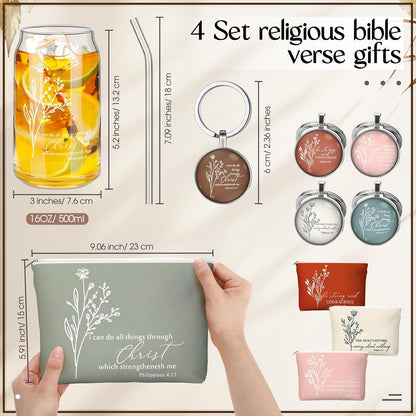 Fumete 4 Sets Christian Gifts for Women Church Gifts Set 16oz Bible Verse Glass Cup Religious Makeup Cosmetic Bags Prayer Tumbler Keychain for Study Group Sunday School God Teacher(Bright Morandi)