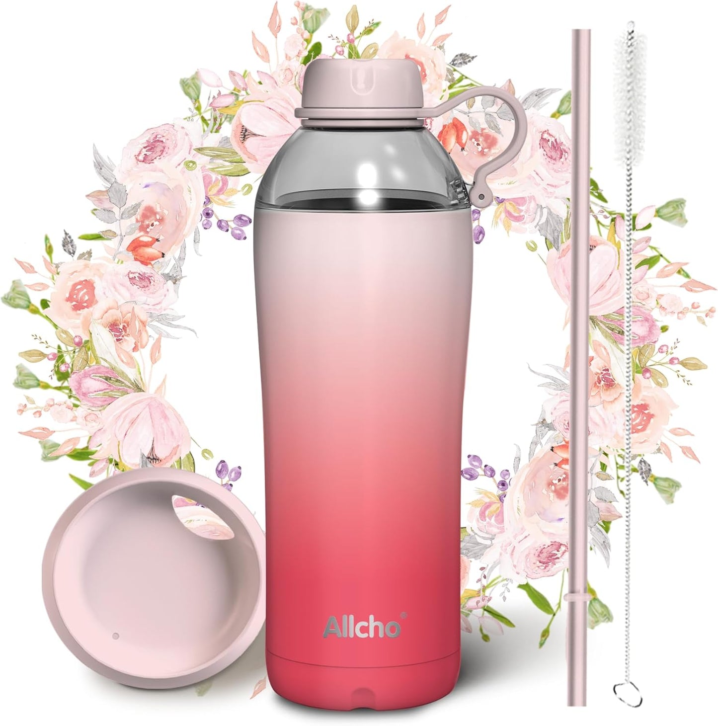 Allcho Insulated Water Bottle for Women, 18oz Stainless Steel Leak Proof Tumbler with 2 Lids, BPA-Free Tritan Chug & Straw Lid, Double Wall Vacuum Flask