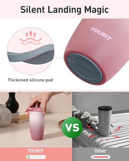 TOURIT 16 oz Travel Coffee Mug, Vacuum Insulated Stainless Steel Tumbler with Ripple-Wave Anti-Slip Grip, Built-in Silicone Bottom for Quiet & Stable, Leak-Proof Lid, Fits Car Cup Holder, Khaki